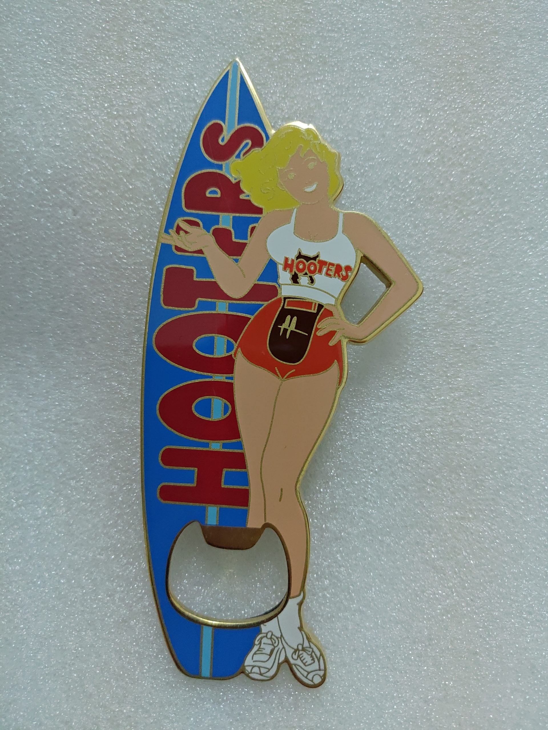 Hooters Girl with Surfboard bottle opener fridge magnet